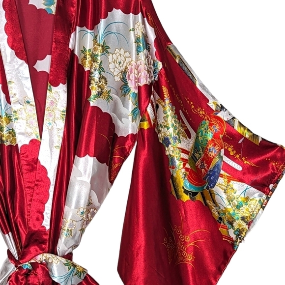 Vintage Satin Authentic Japanese Kimono Open Front Sash Tie Red White Maxi OS - Picture 6 of 13